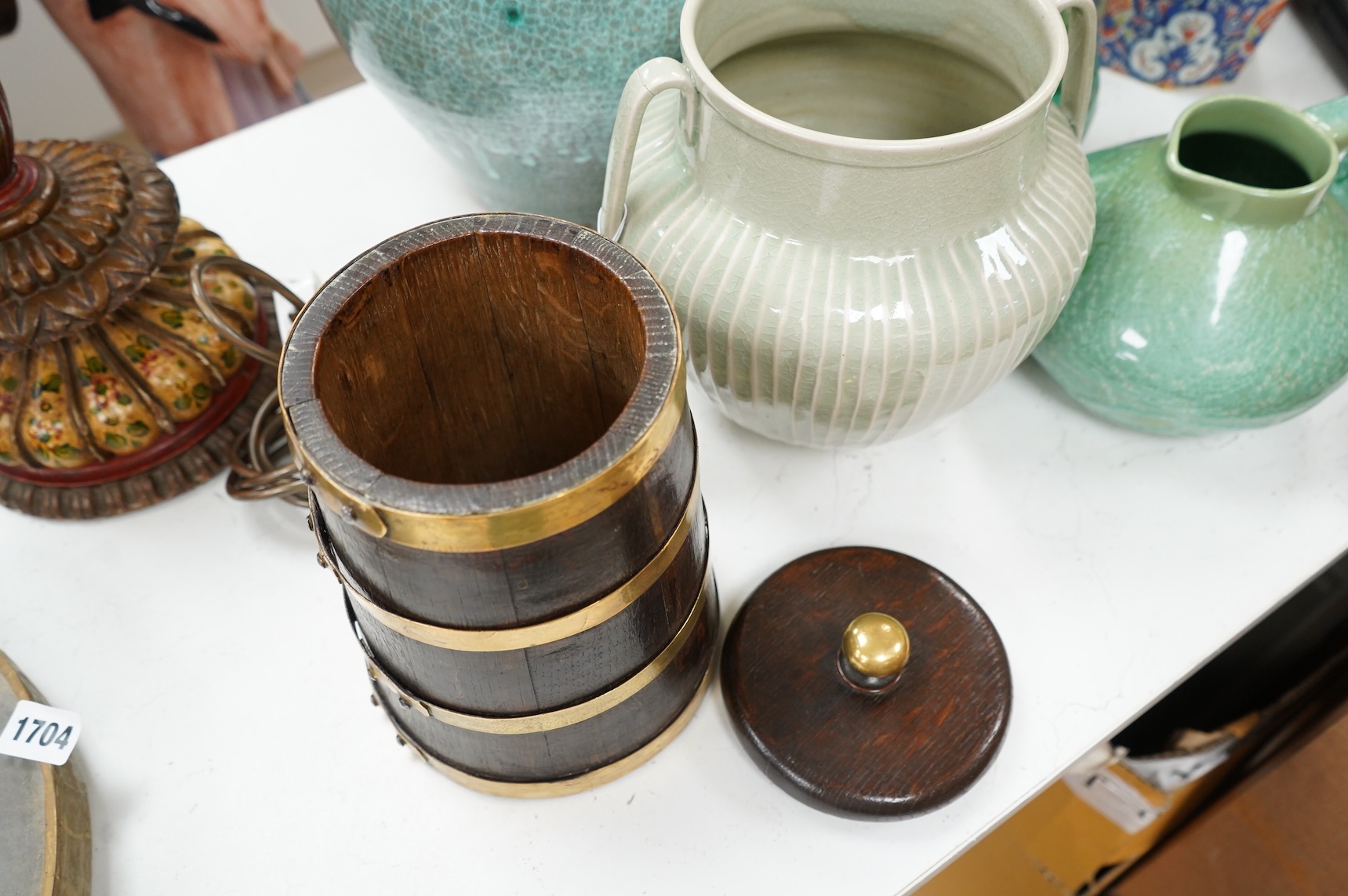 A Kashmiri painted wood lamp and brass bound oak barrel, largest overall 45cm high